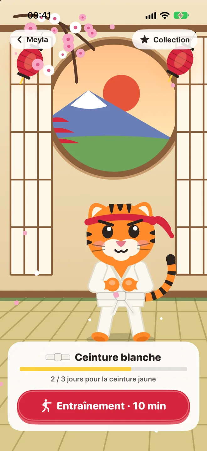 Le dojo de Tora avec la ceinture actuelle et le bouton Entraînement