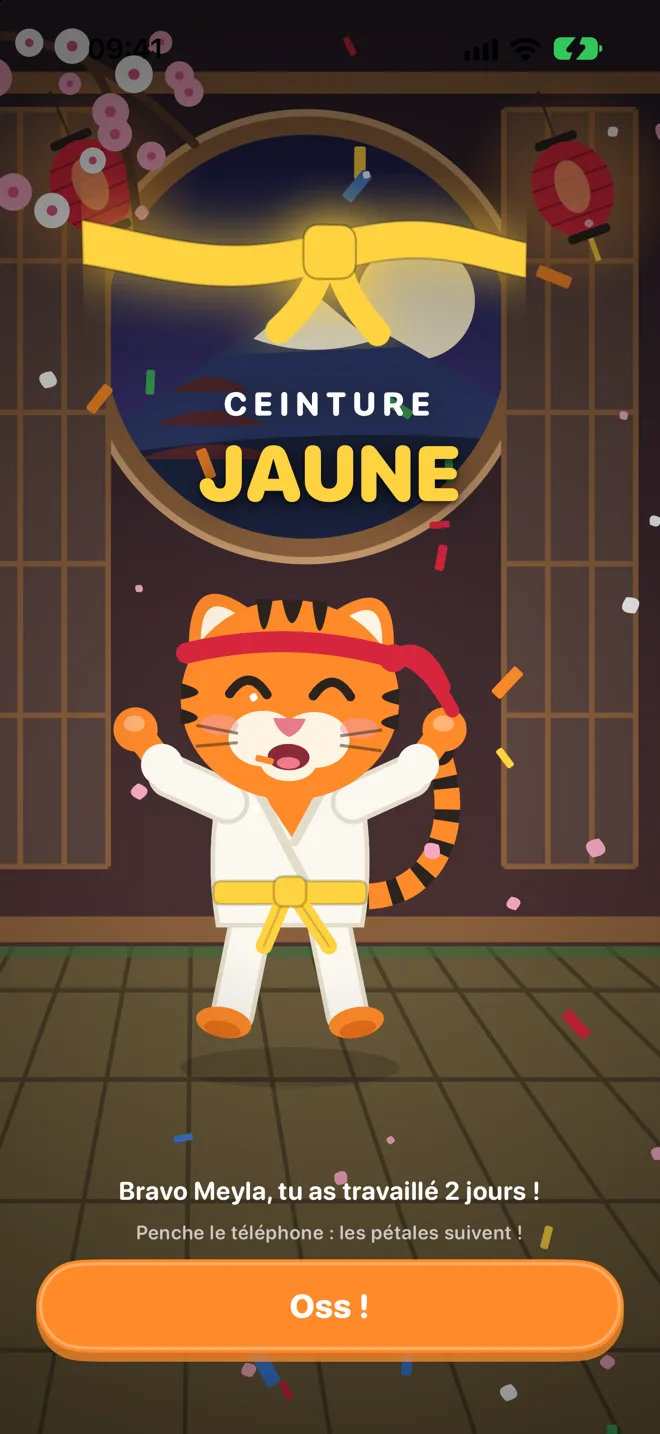 Cérémonie de la ceinture jaune, Tora saute de joie